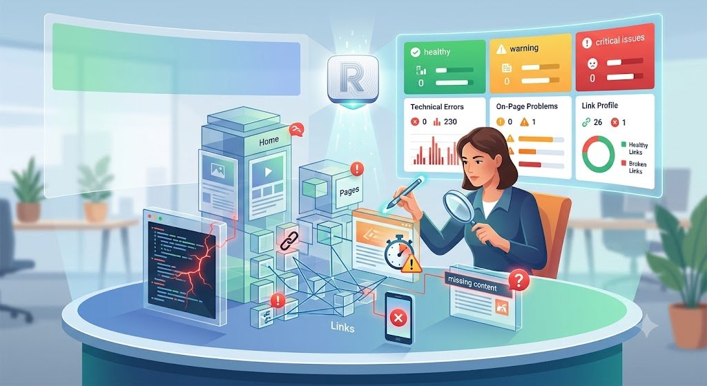 Reownix free SEO tools graphic showing website audits, content gaps, schema tools and public presence tracking